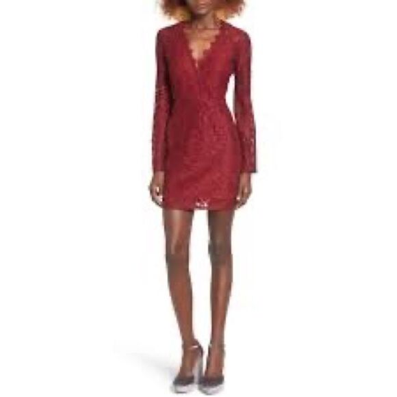 NORDSTROM WAYF BURGUNDY LACE LONG SLEEVE DRESS SIZE XS EUC - Picture 2 of 9